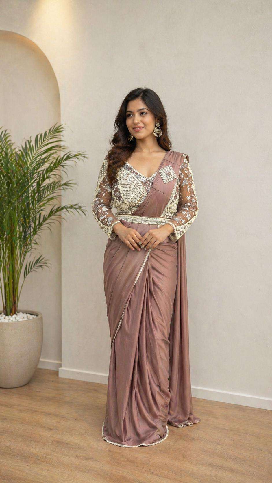 READY TO WEAR SAREE PREMIUM LYCRA SHINY FABRIC AND PARTY WEA...