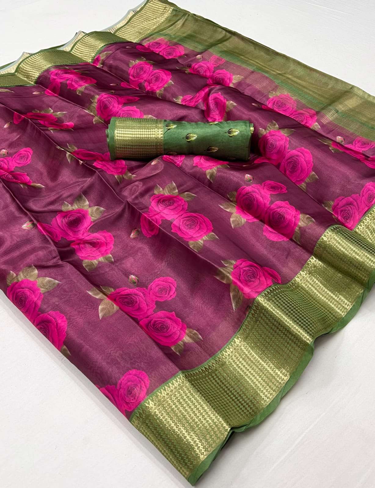 Red Rose Organza satin Fancy fabric with red rose digital pr...