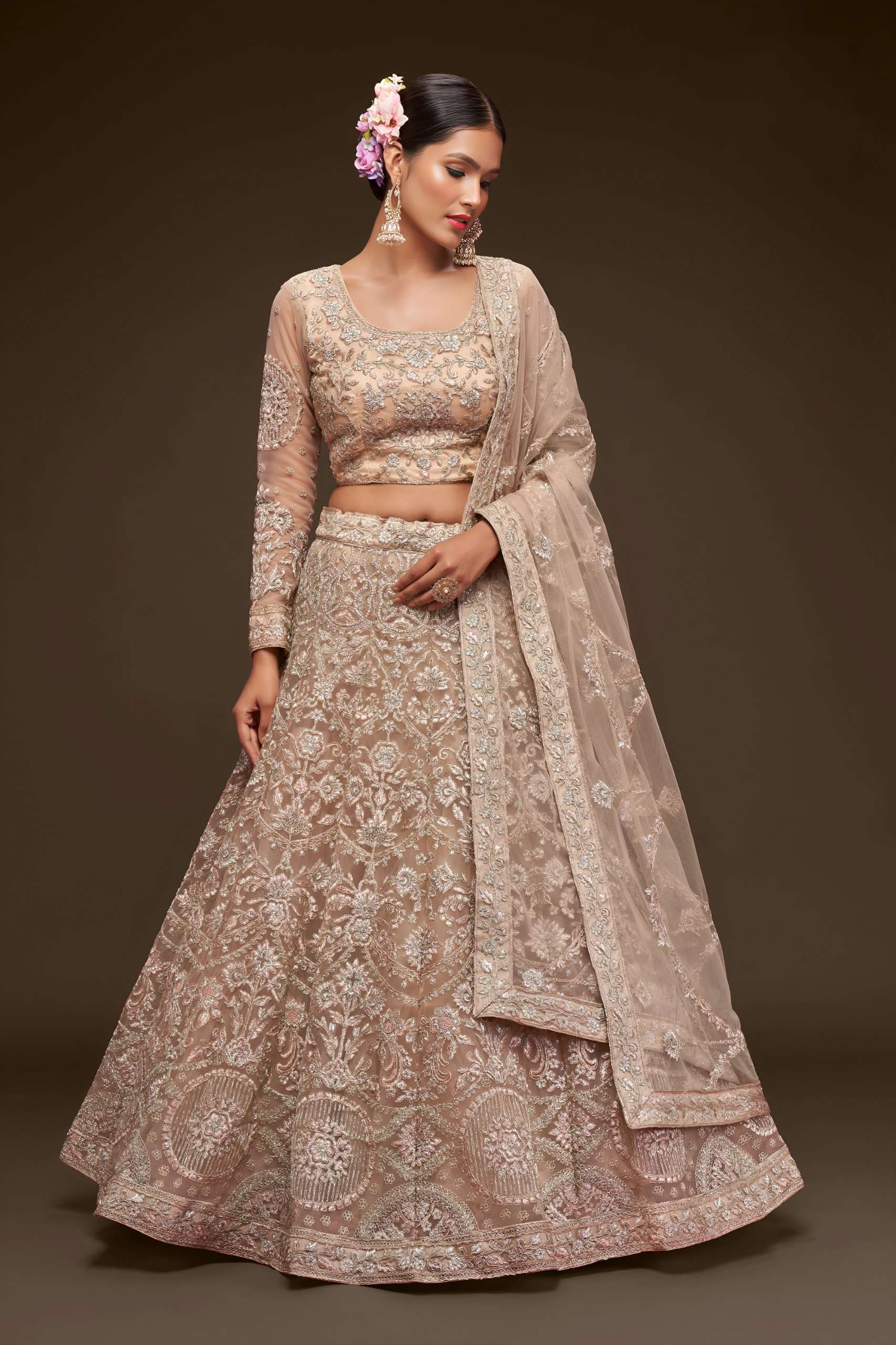   Royal beige classic colour soft net fabric with Heavy Emb...