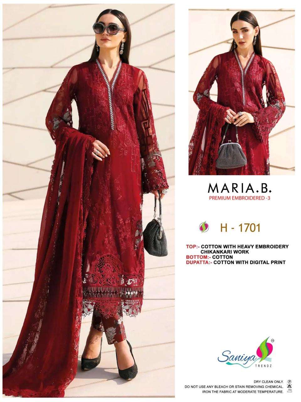 SANIYA TRENDZ MARIA B 1701 COTTON WITH CHIKANKARI PAKISTANI ...