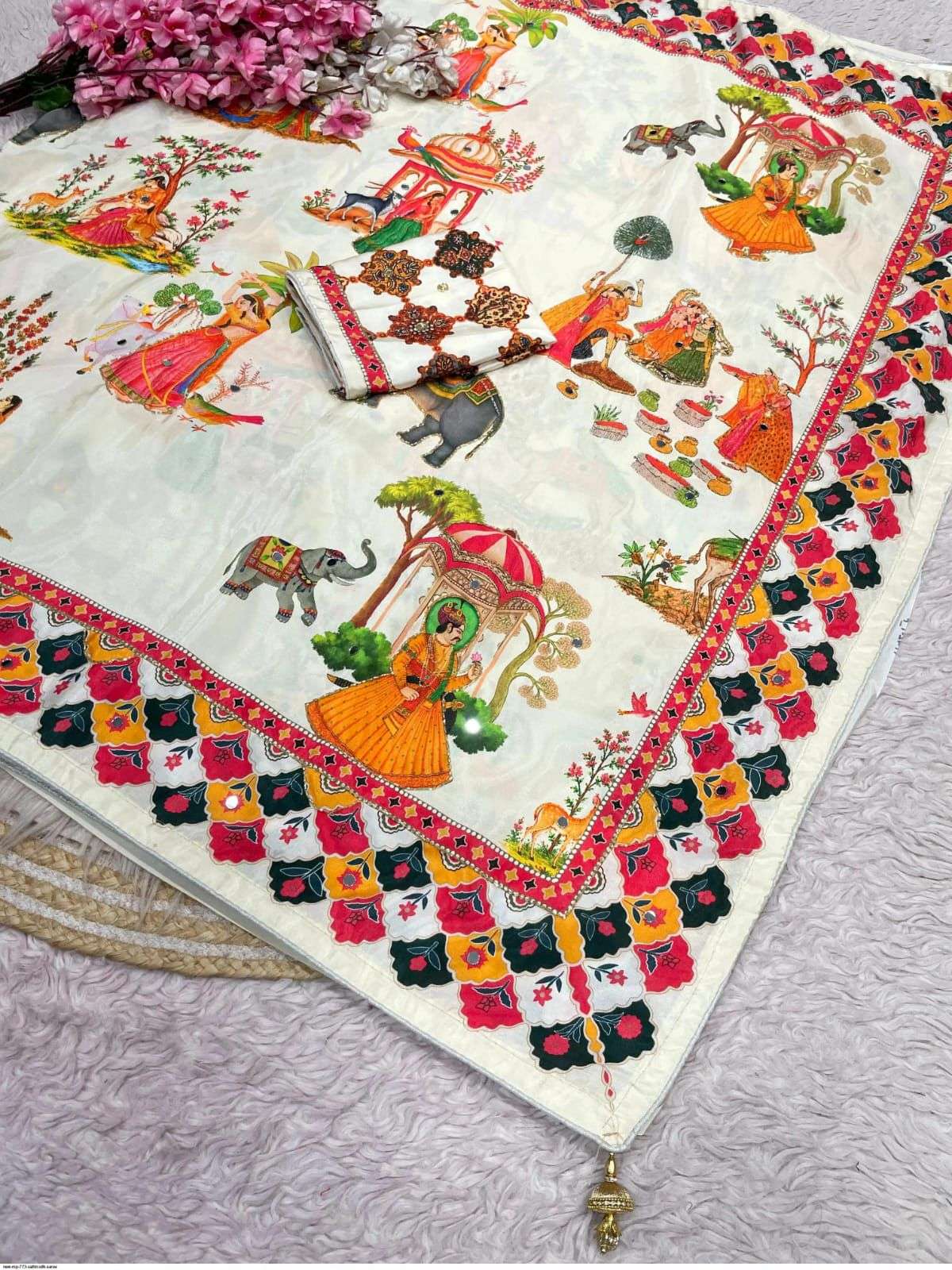 SAREE SOFT AND PURE CHINON SILK FABRIC WITH PICHWAI PRINT ON...