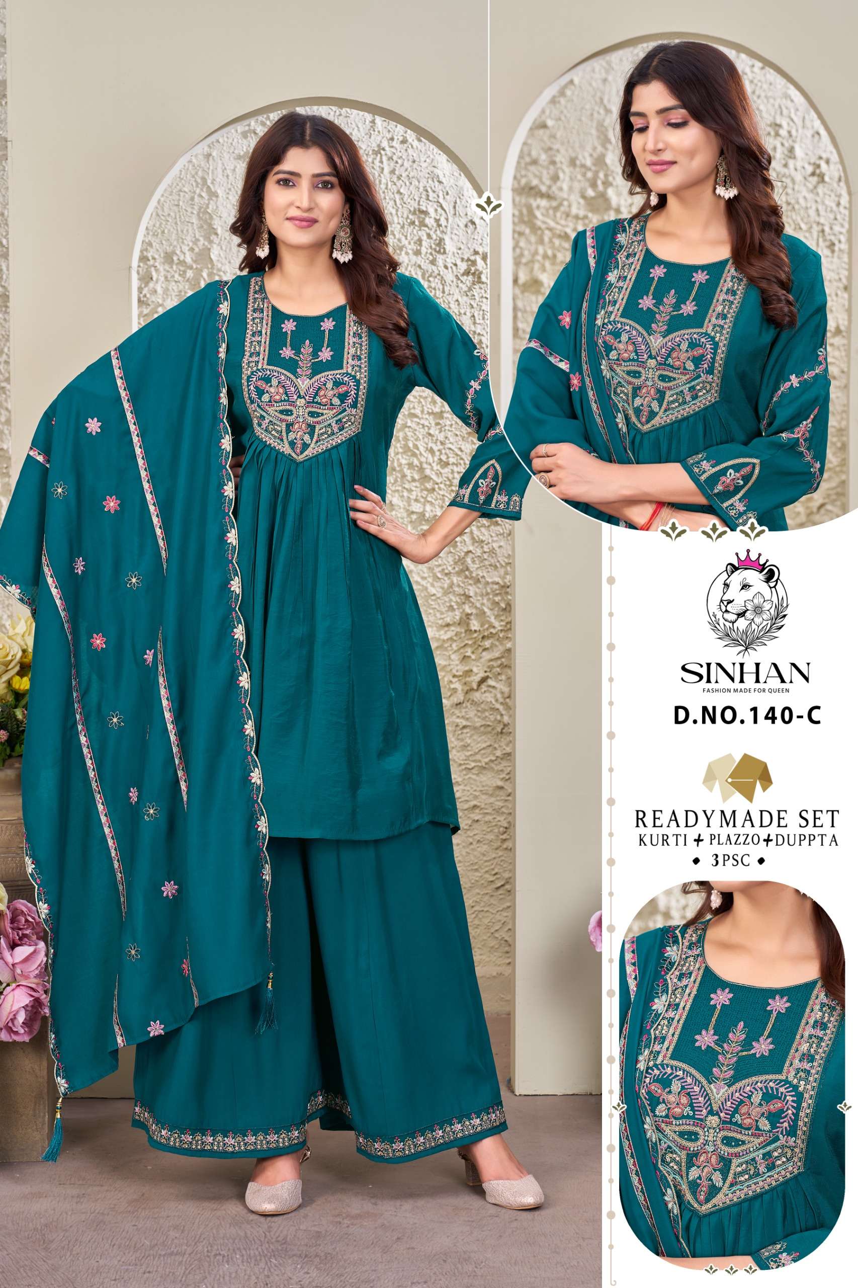 SINHAN 140 CHANDERI READYMADE SET KURTI PALAZZO SUIT PARTY W...