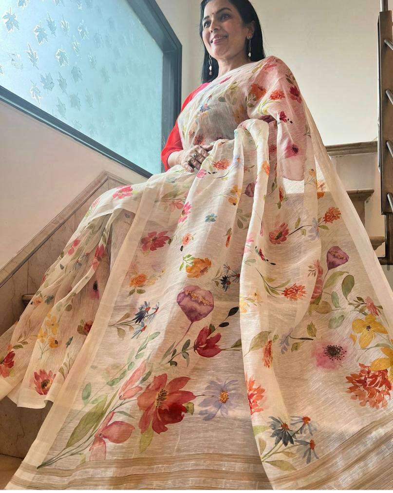 soft and elegant linen fancy fabric with beautiful flower di...
