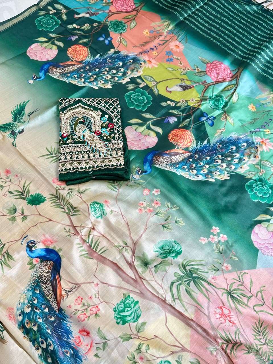  soft and elegant Malai Silk fancy fabric with beautiful Pea...