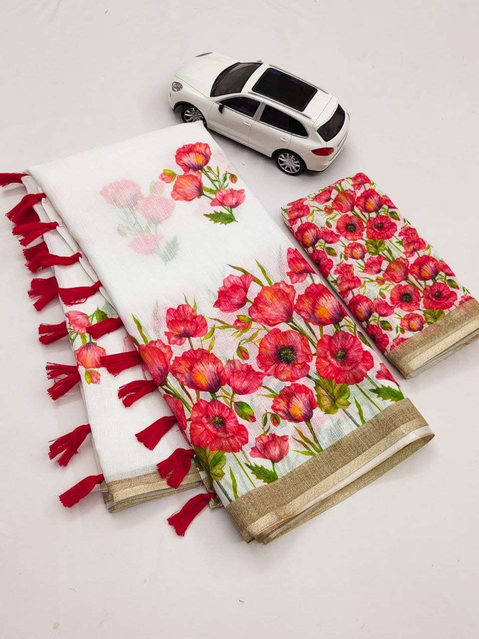 SOFT AND PURE LINEN WITH ELEGANT AND RED COLOUR FLOWER PRINT...