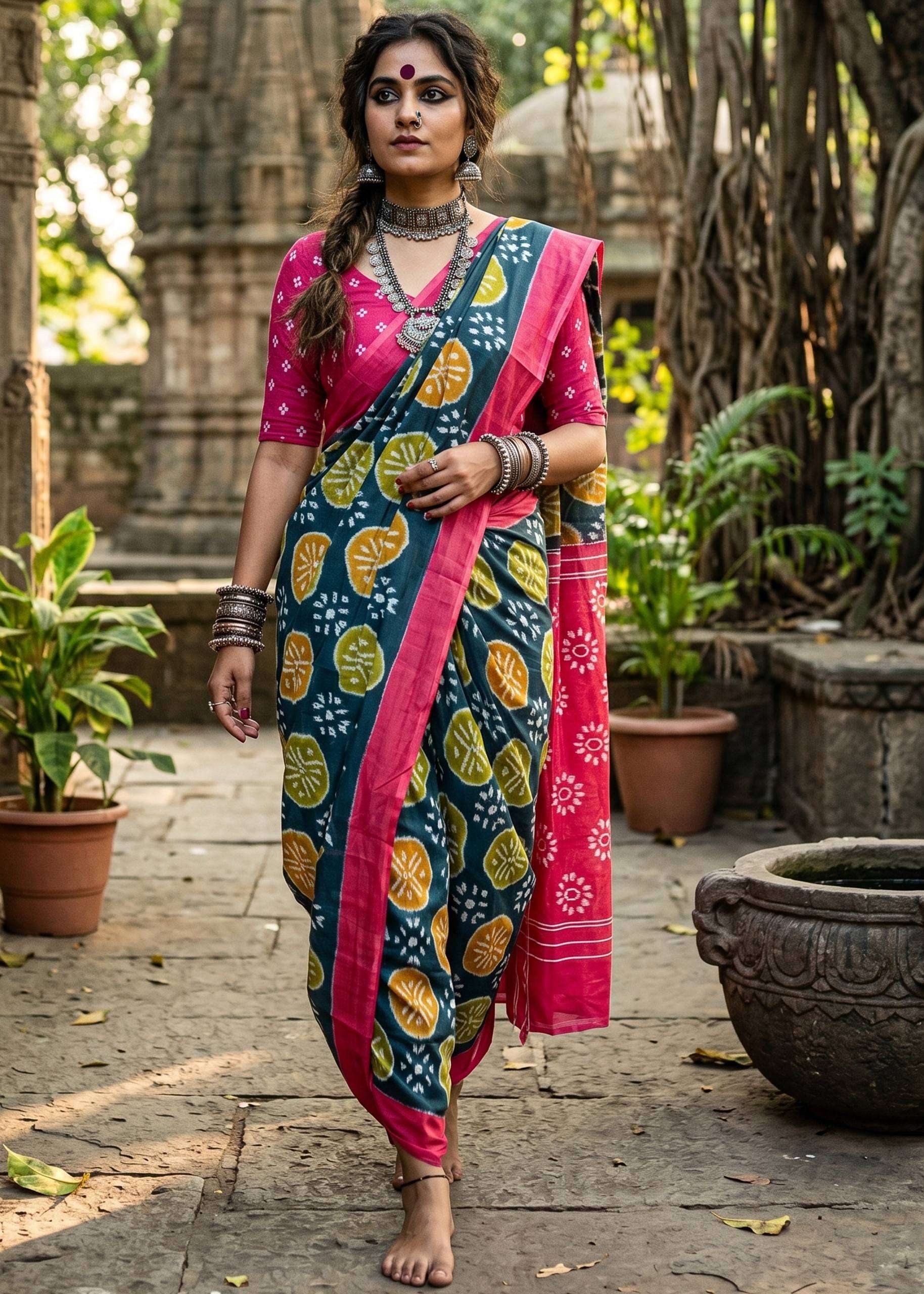 Soft And Pure regal Cotton fabric with ikkat print on navari...