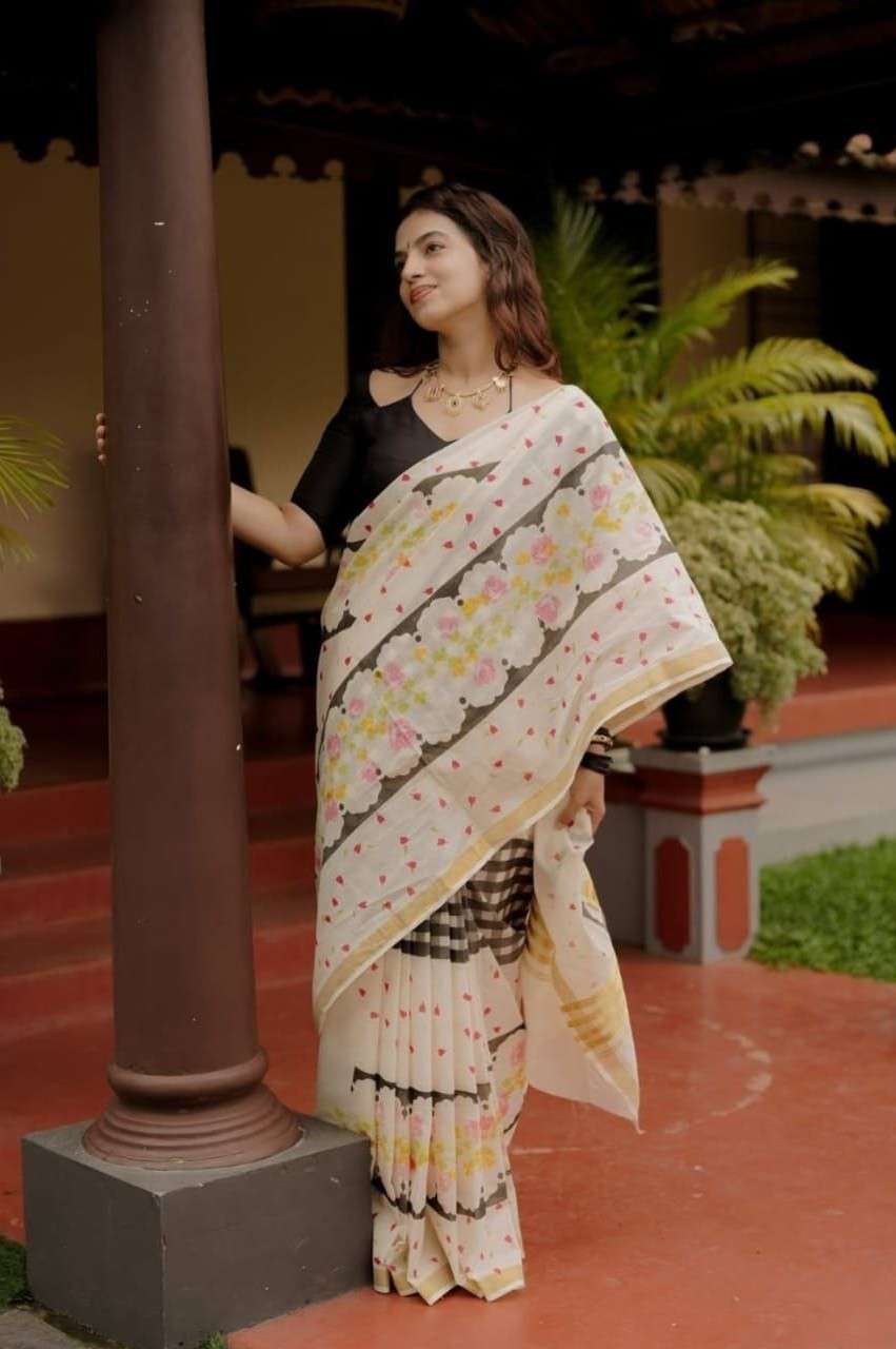 soft Linen fancy fabric with gold jari border with beautiful...