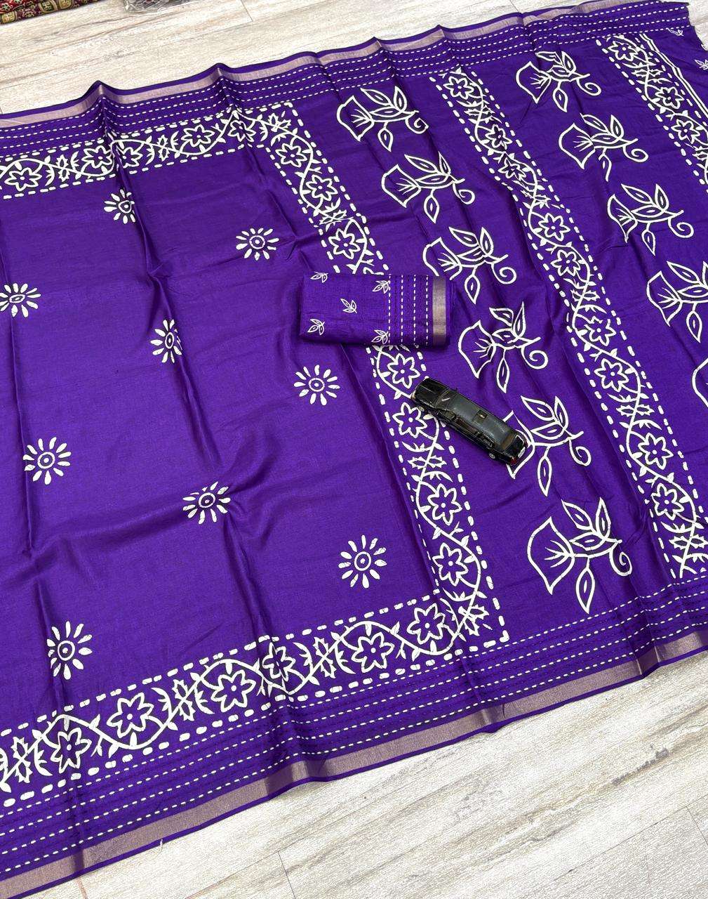 super soft Dola Silk Katha Work With Zari Border Print Saree...