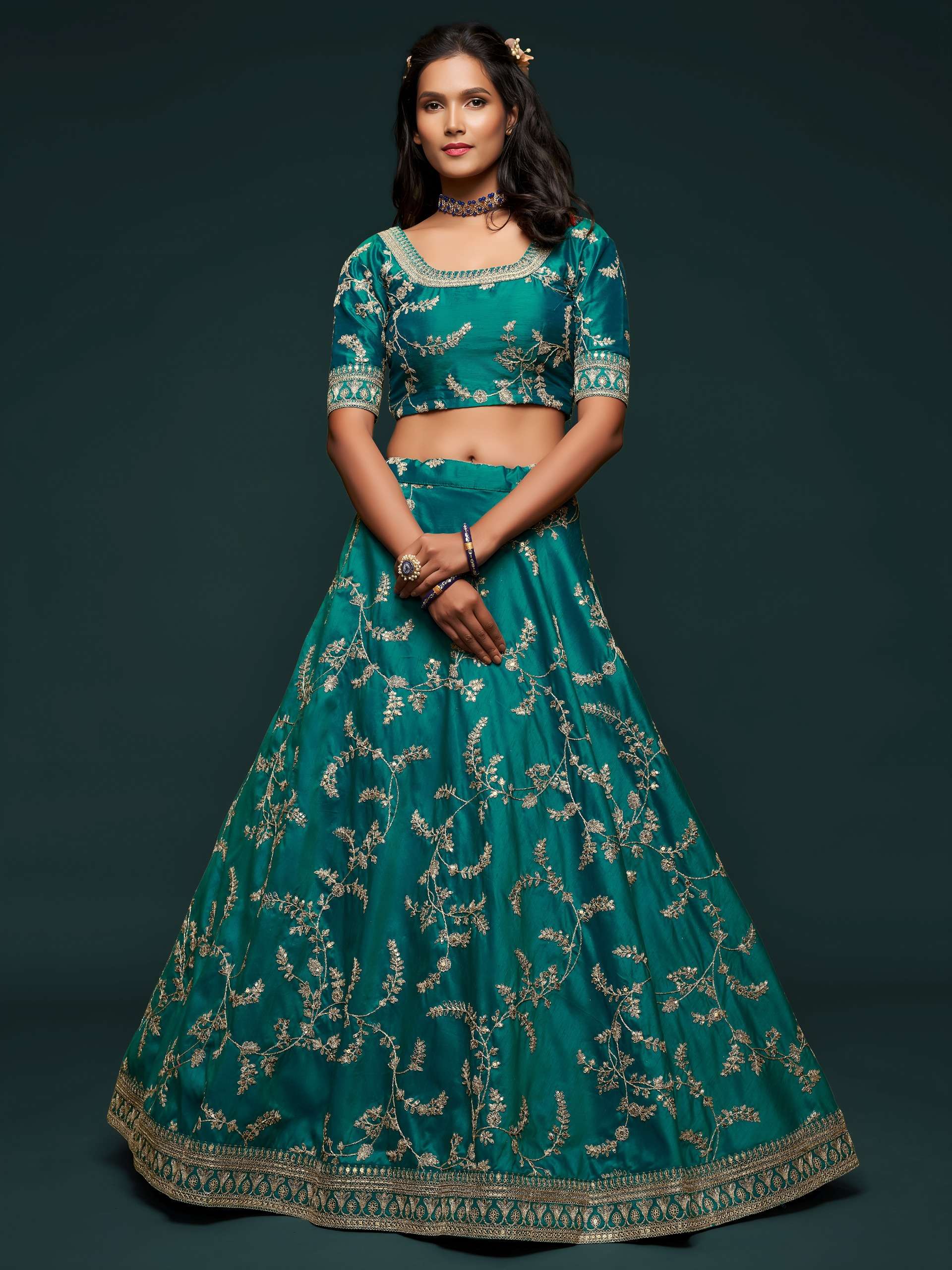 Teal Green elegant colour Art Silk fancy fabric with Design...