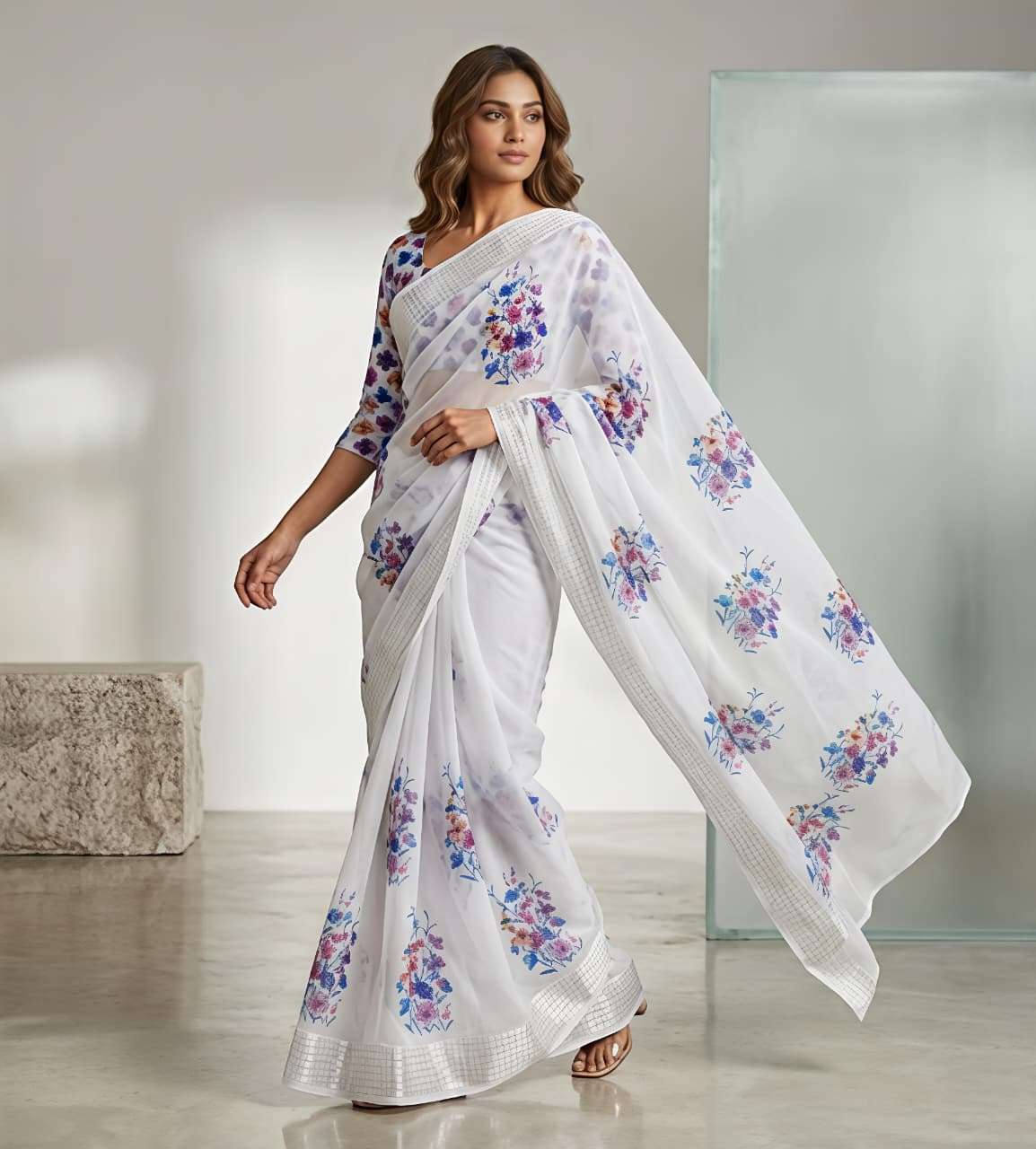 WHITE HOUSE SOFT PREMIUM GEORGETTE AND CHIFFON FABRIC WITH F...