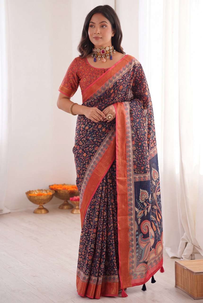  DIGITAL PRINTED ON PURE COTTON LINEN SOFT FABRIC SAREE RESE...