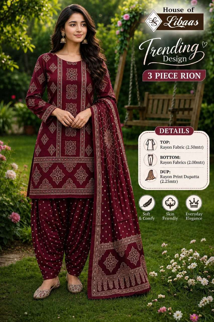 HOUSE OF LIBAAS TRENDING DESIGN 3 PIECE RAYON AJRAKH PRINT P...