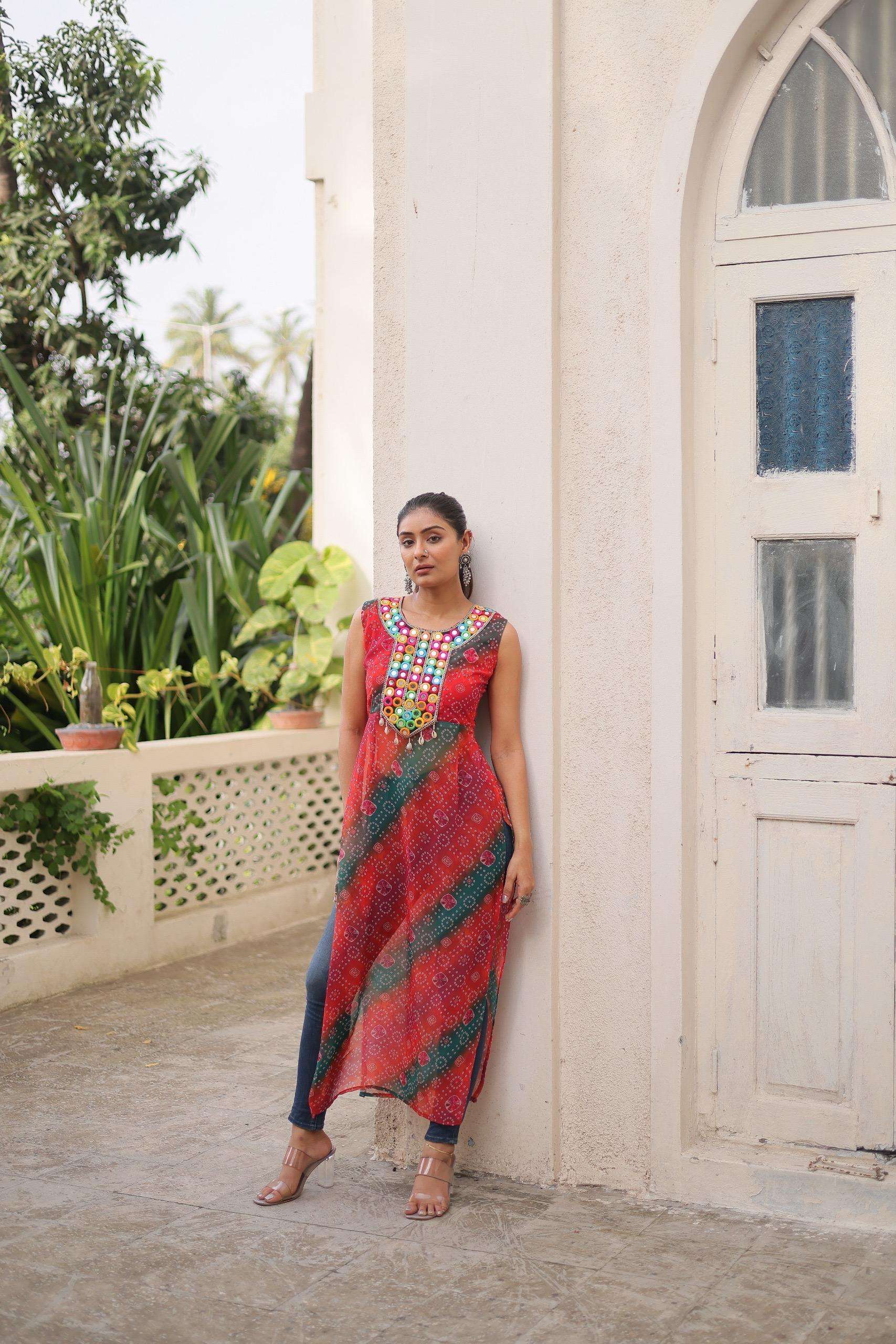 LW 9267 NAVRATRI KURTI COLLECTIONS BANDHEJ PRINT WITH KUTCHI...