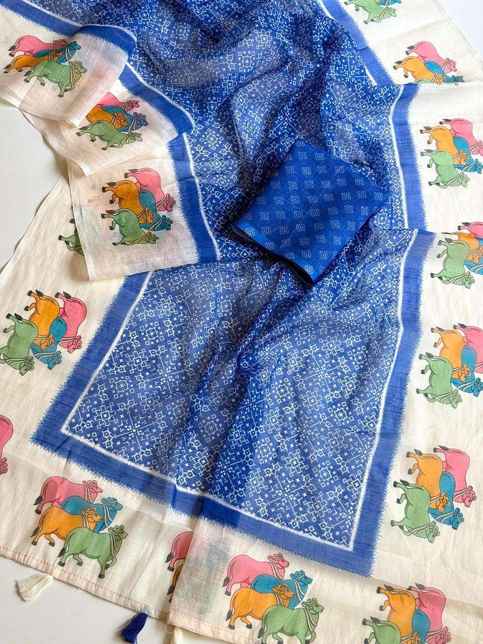  Pure and light colour Linen fabric with cow animal Digitall...