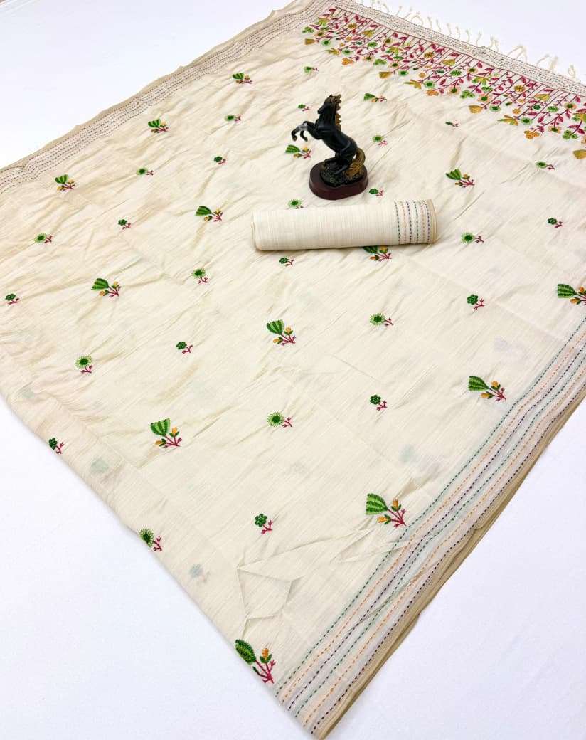   A beautiful and New Tussar Silk fabric Collection saree with elegant embroidery work saree wholesale in surat zoya 