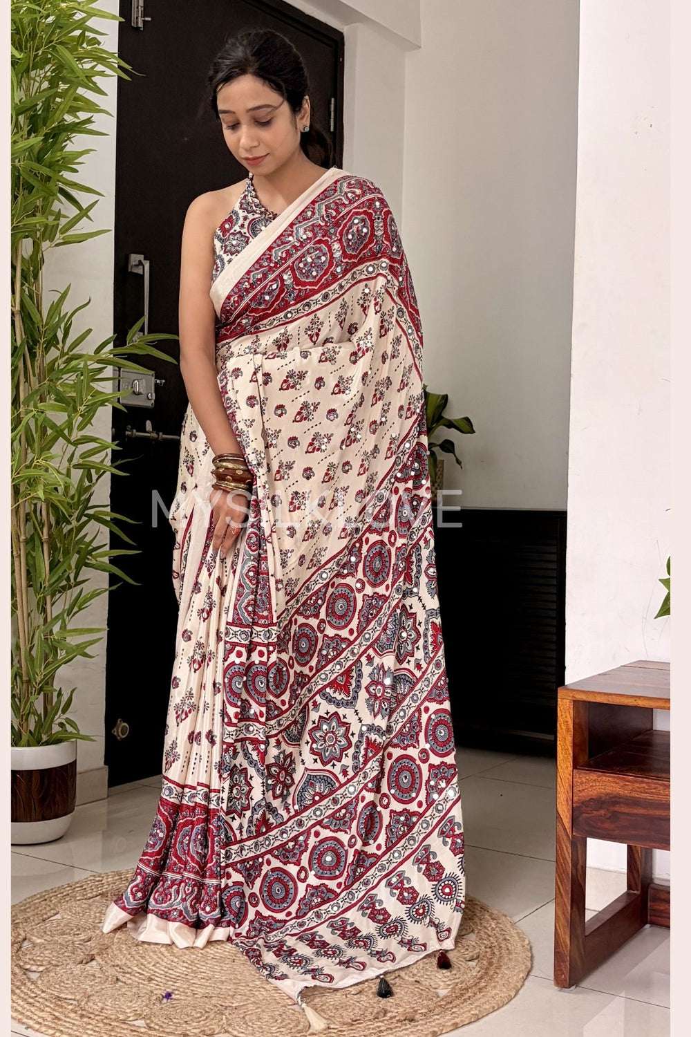 AAINA VOL 10 SILK CREPE FABRIC WITH BEAUTIFUL ETHNIC AJRAKH PRINT ON SAREE WHOLESALE IN SURAT