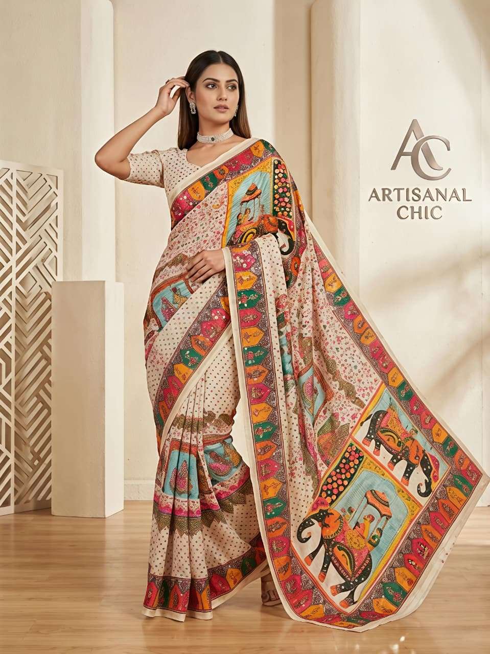 Aaina vol 9 masakali silver zari pattern fabric With beautiful ethnic ajrak print on saree reseller in surat