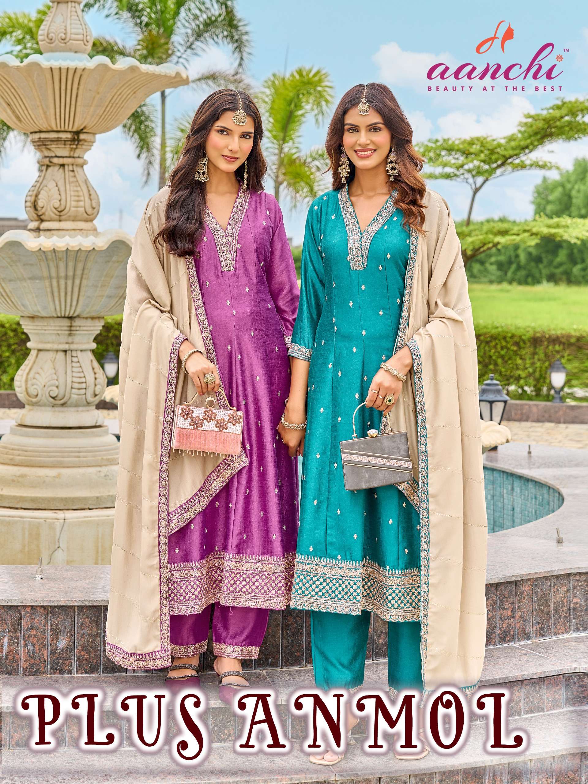 AANCHI PLUS ANMOL VICHITRA SILK WORK ANARKALI KURTI SUIT TREND WHOLESALER SURAT