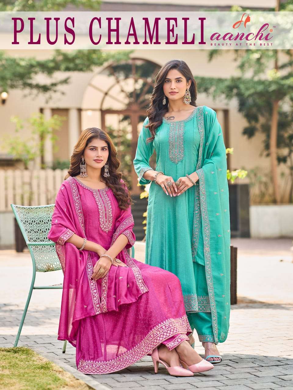 AANCHI PLUS CHAMELI BRAND KURTI PANT FANCY DUPATTA TRADITIONAL DESI GIRL EXPORT