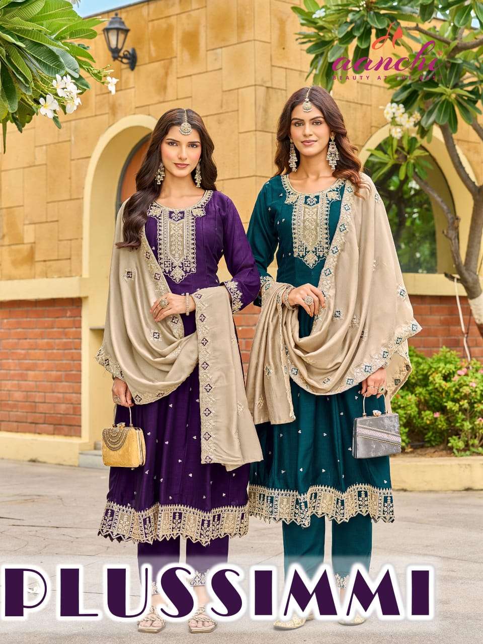 AANCHI  PLUS SIMMI VICHITRA SILK DESIGNER ANARKALI KURTI SUIT DIWALI FUNCTION OUTFIT 