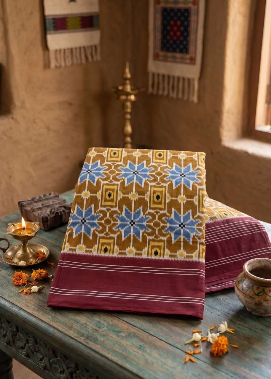 Add a touch of traditional elegance Beautiful traditional Ikat style cotton fabric saree wholesale in surat inaya