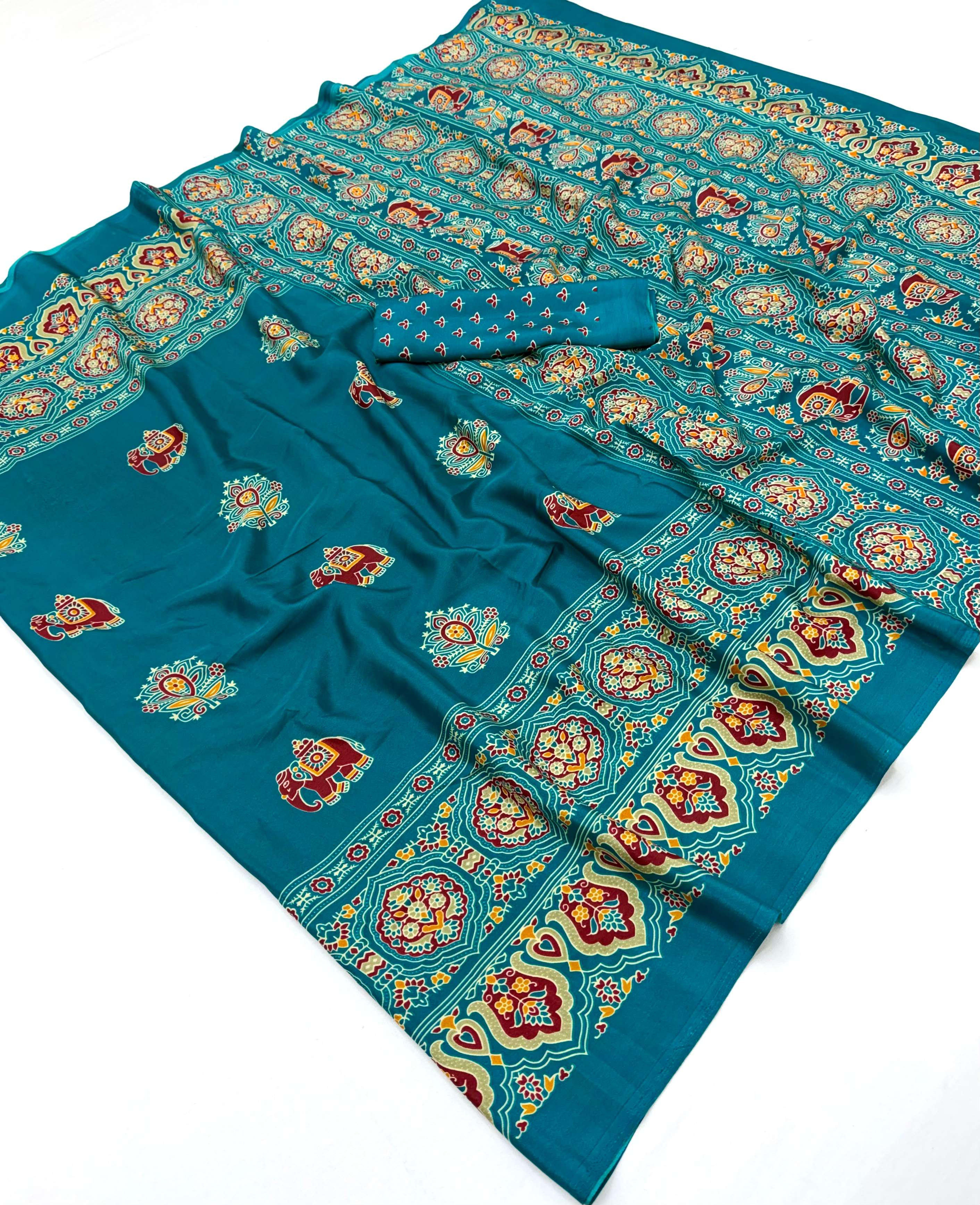  Ajrakh Luxe beautiful and elegant Printed ajrakh satin crepe fabric party wear saree reseller in surat