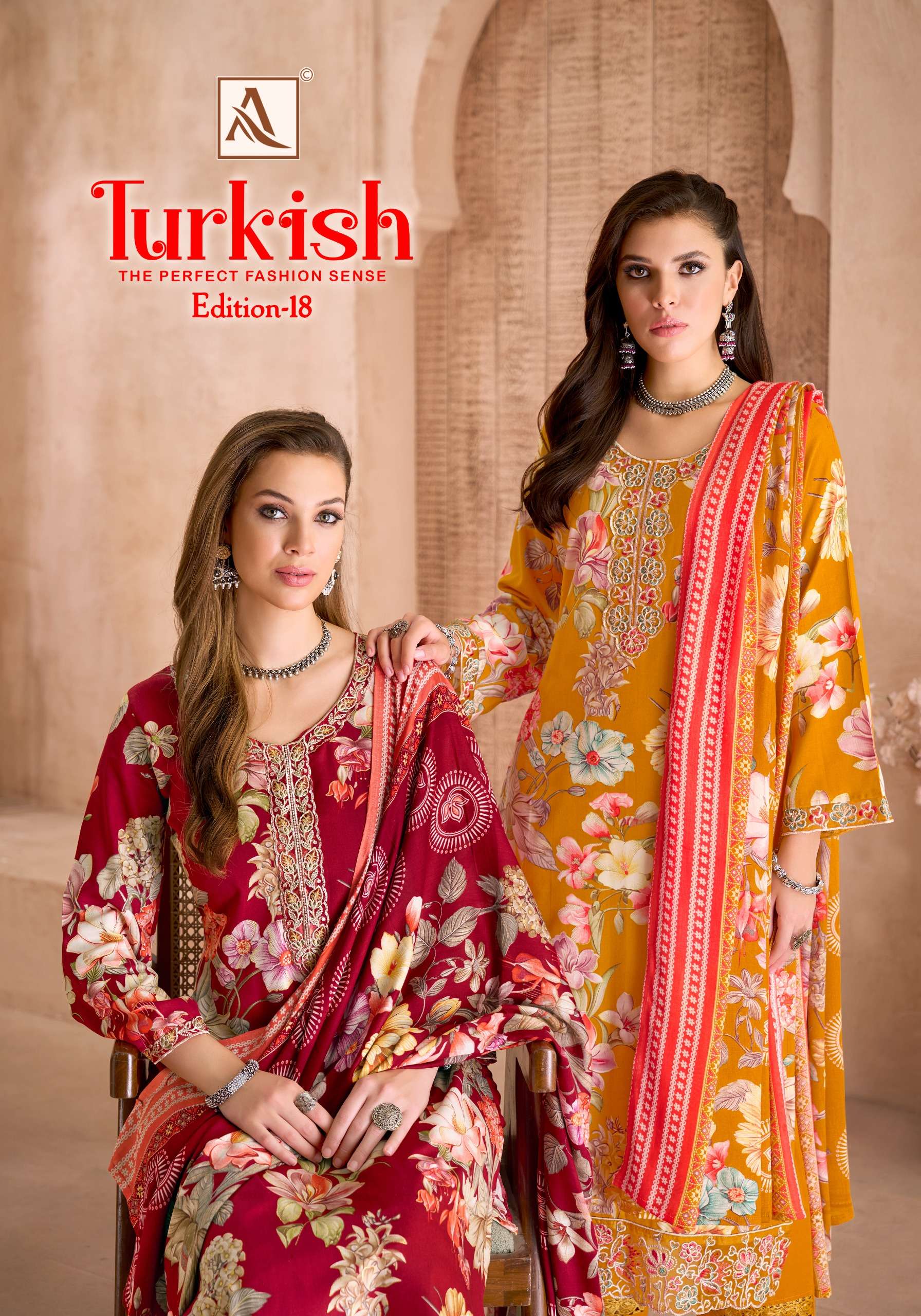 ALOK SUIT TURKISH VOL 18 REYON PRINT WITH FOIL EMBROIDERY SALWAR SUIT AT WHOLESALER SURAT