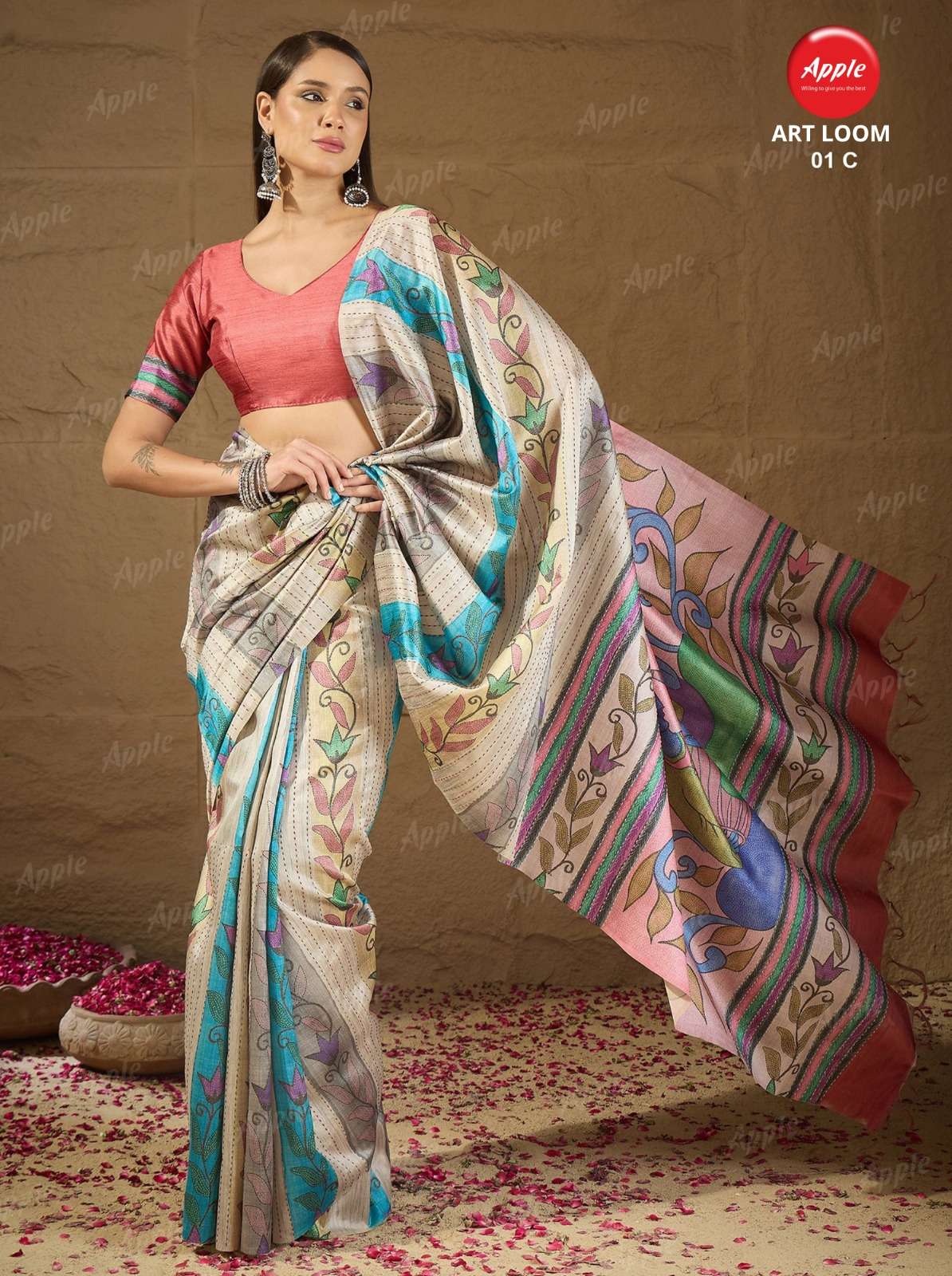 APPLE ART LOOM 1 DUM DUM COTTON FABRIC WITH KATHA WORK ON SAREE RESELLER IN SURAT