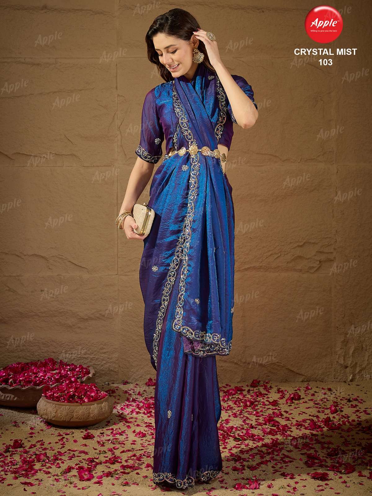 APPLE CRYSTAL MIST VOL 1 SOFT SATIN SILK FABRIC BEAUTIFUL EMBROIDERY WORK SAREE WHOLESALE IN SURAT