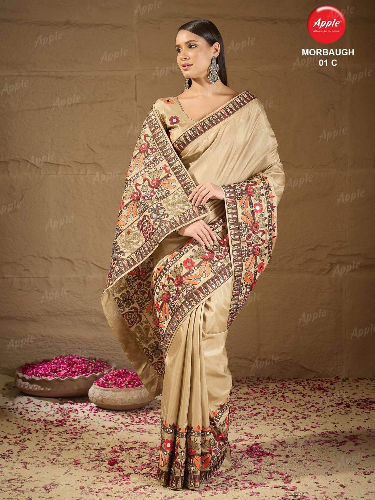 APPLE MORBAUGH 1 KOZI SILK FANCY FABRIC WITH HEAVY EMBROIDERY WORK ON SAREE RESELLER IN SURAT