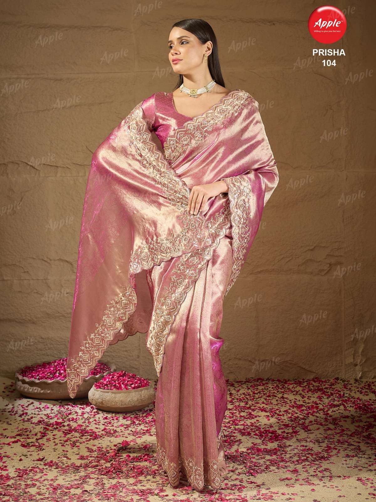 APPLE PRISHA VOL 1 ZARI TISSUE SILK FABRIC WITH BESUTIFULEMBROIDERY WORK ON SAREE WHOLESALE IN SURAT 