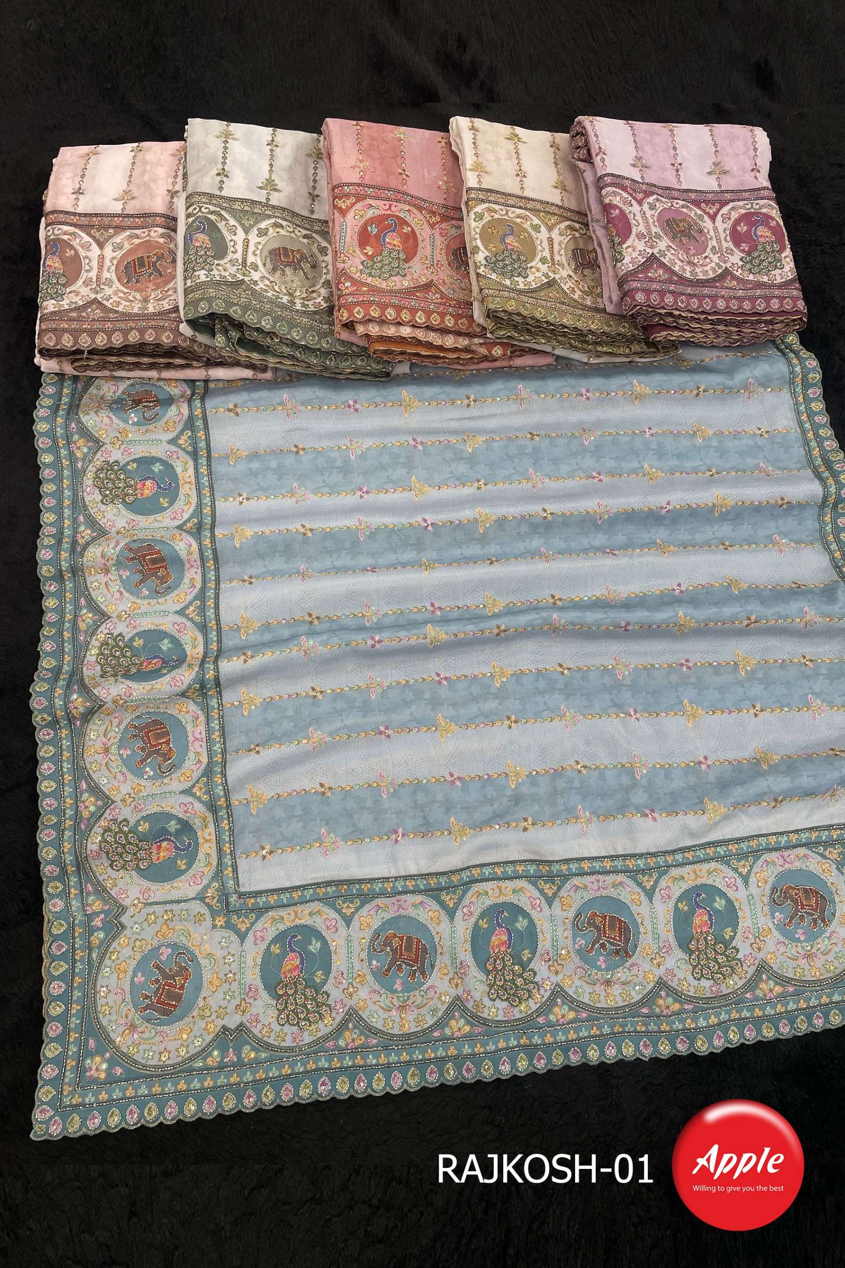 APPLE RAJKOSH 1 PAISLEY INSPIRED AND EMBROIDERY WORK ON SATIN SILK FABRIC SAREE AT THE BEST RATE