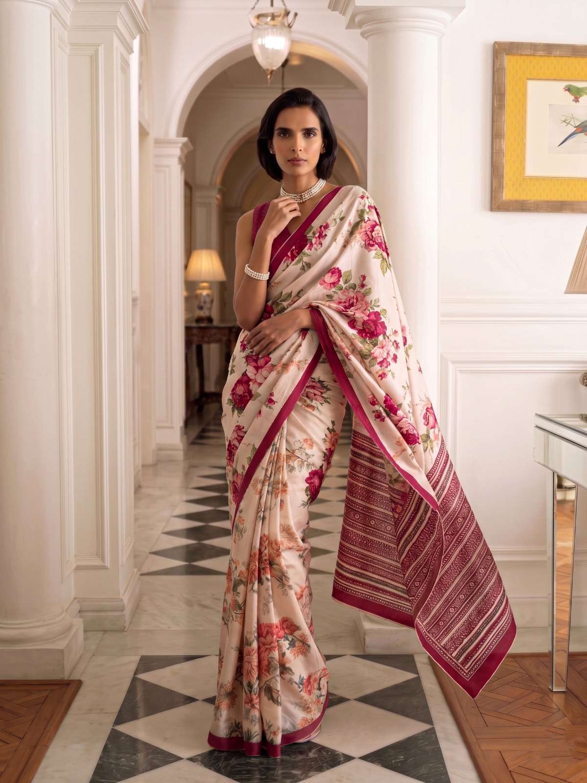 Beautiful botanical prints on luxurious Tasar silk fabric saree wholesale in surat 7076