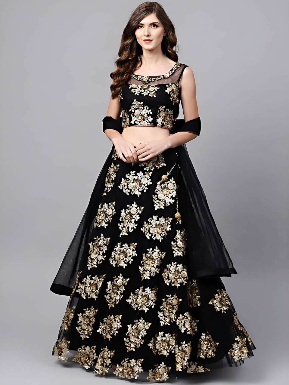  Beautiful Midnight Black Colour with gold Sequin Floral designer Soft Net fabric Lehenga Choli wholesale in surat 5010 Black 