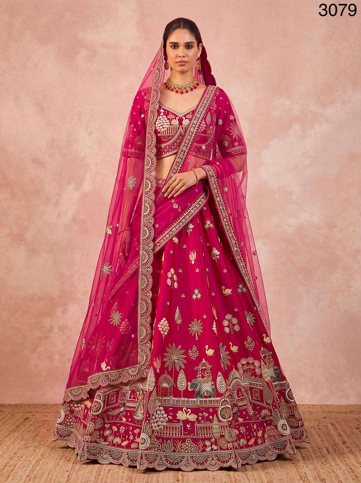 beautiful Swan Motif Silk fancy fabric Bridal wear style Lehenga choli wholesale in suart 3079