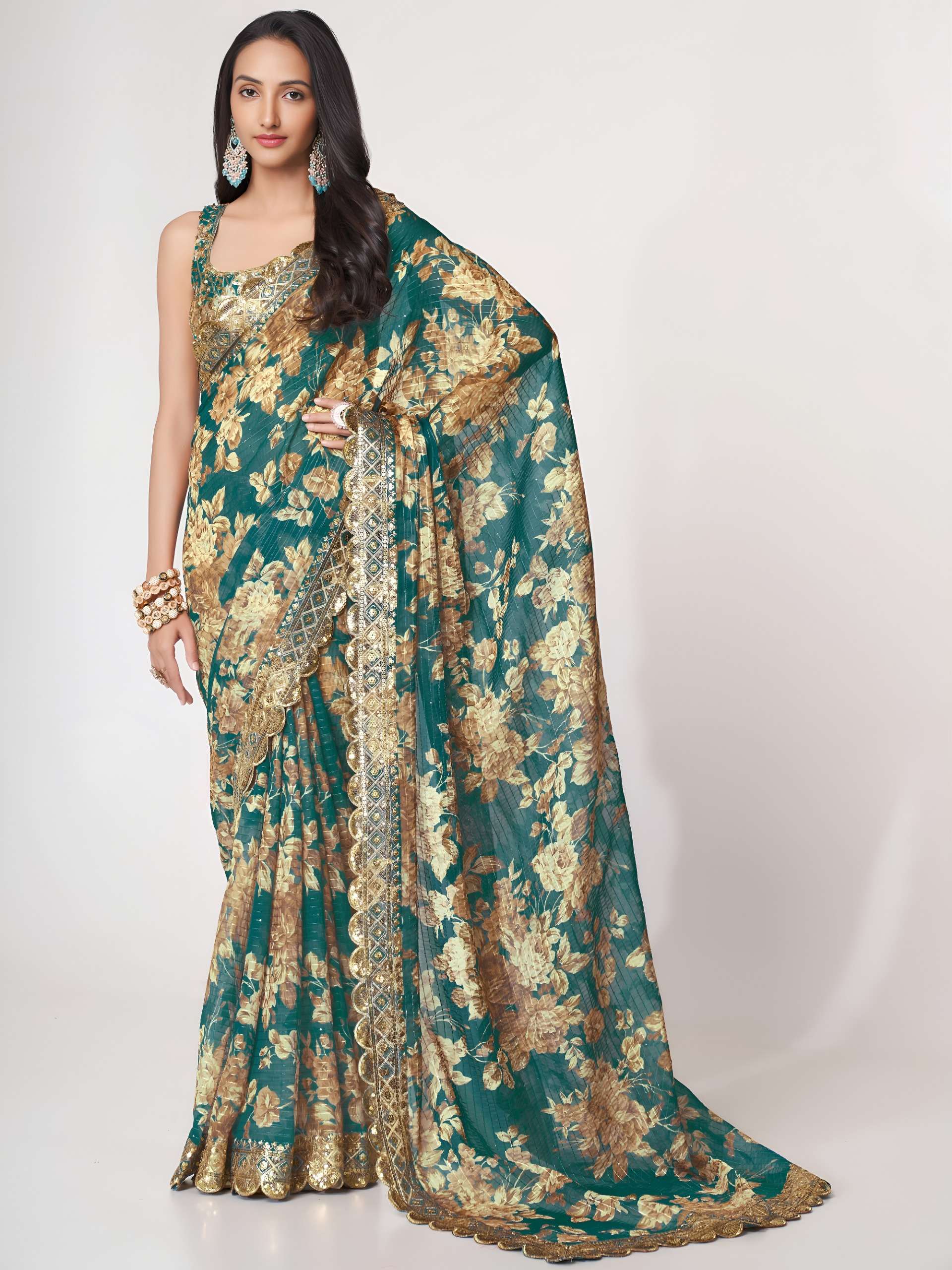  beautiful Teal colour Floral print on Elegance Organza fabric Saree wholesale in surat 1106 Teal 