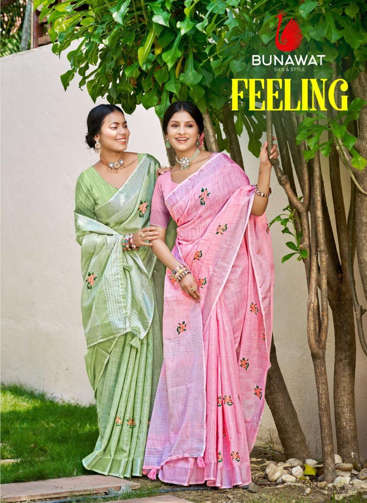 Bunawat Feeling 1001 To 1006 Linen Cotton fabric With Embroidery Work on this beautiful saree at the best rate