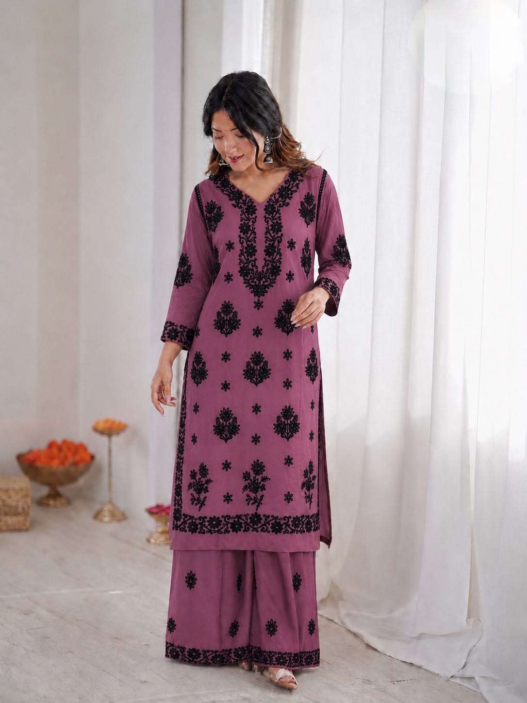 CHIKANKARI SET TRENDING KURTI WITH PALAZZO FOR PINTERESTLY LOOK SURAT EXPORT