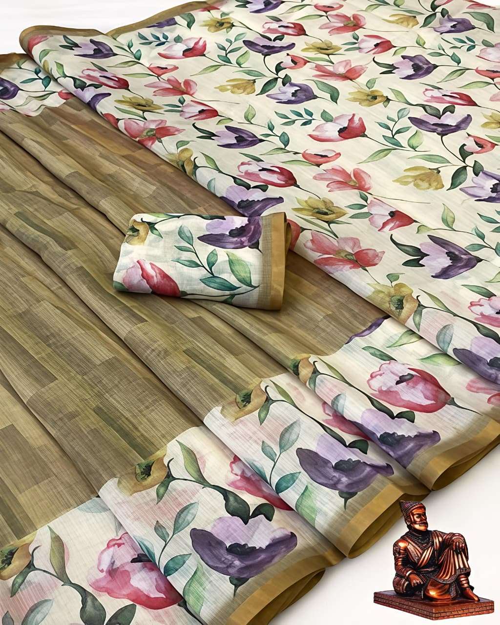 CHIKOO PANEL HEAVY SOFT AND PURE LINEN FABRIC BLOOMING SAREE WHOLESALE IN SURAT
