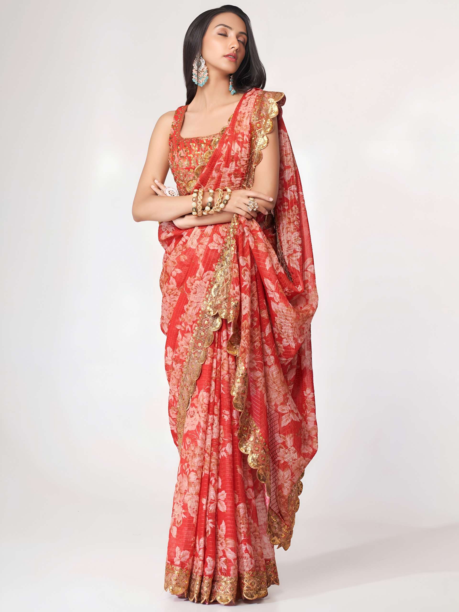 Coral crimson Red colou pretty Floral design on Royal Organza fabric Saree Wholesale in surat 1107 Red 