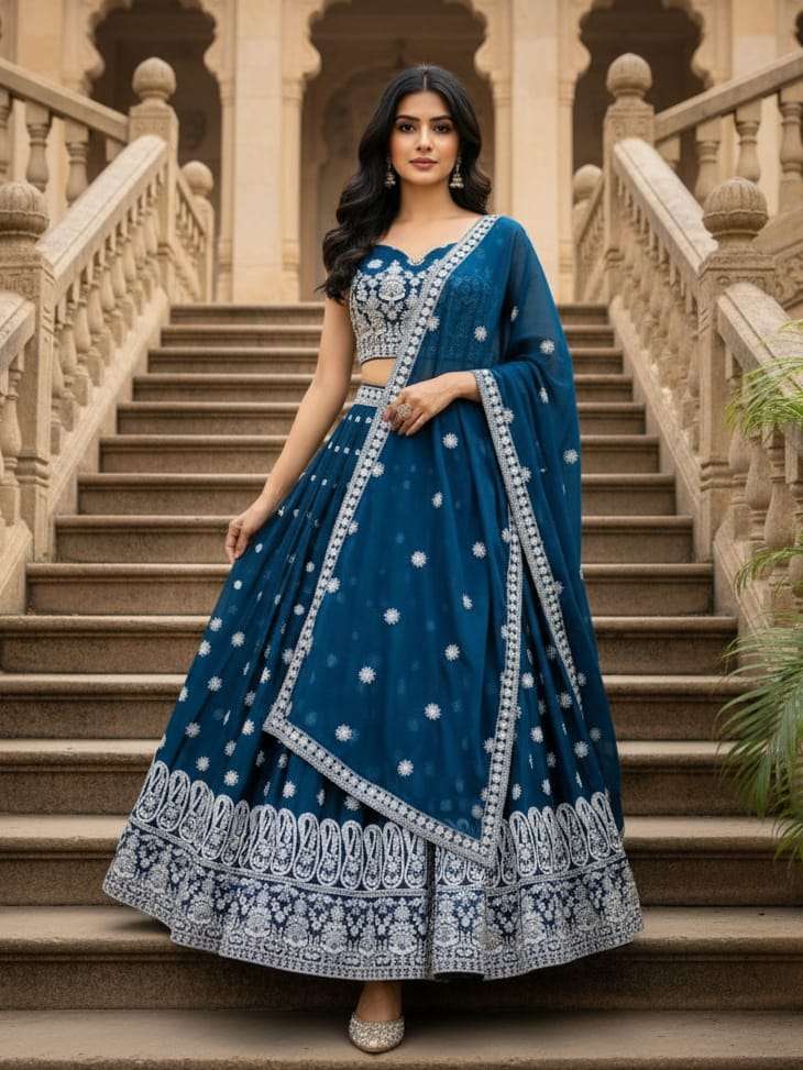 DARK BLUE COLOUR GEORGETTE FANCY FABRIC BEST WIDDING COLLECTION LEHENGA CHOLI WHOLESALR IN SURAT 