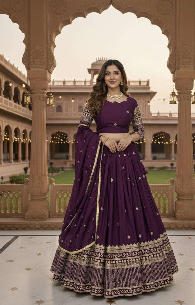  DARK PURPLE SOFT AND FANCY CHINON FABRIC LEHENGA CHOLI  WHOLESALE IN SURAT 