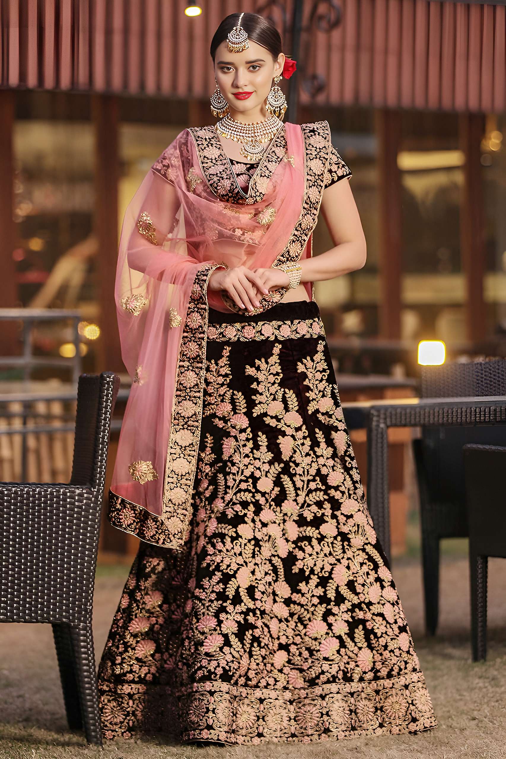 Deep Maroon colour Velvet Floral fabric with embroidery work on Lehenga Choli wholesale in surat 7063 Maroon 