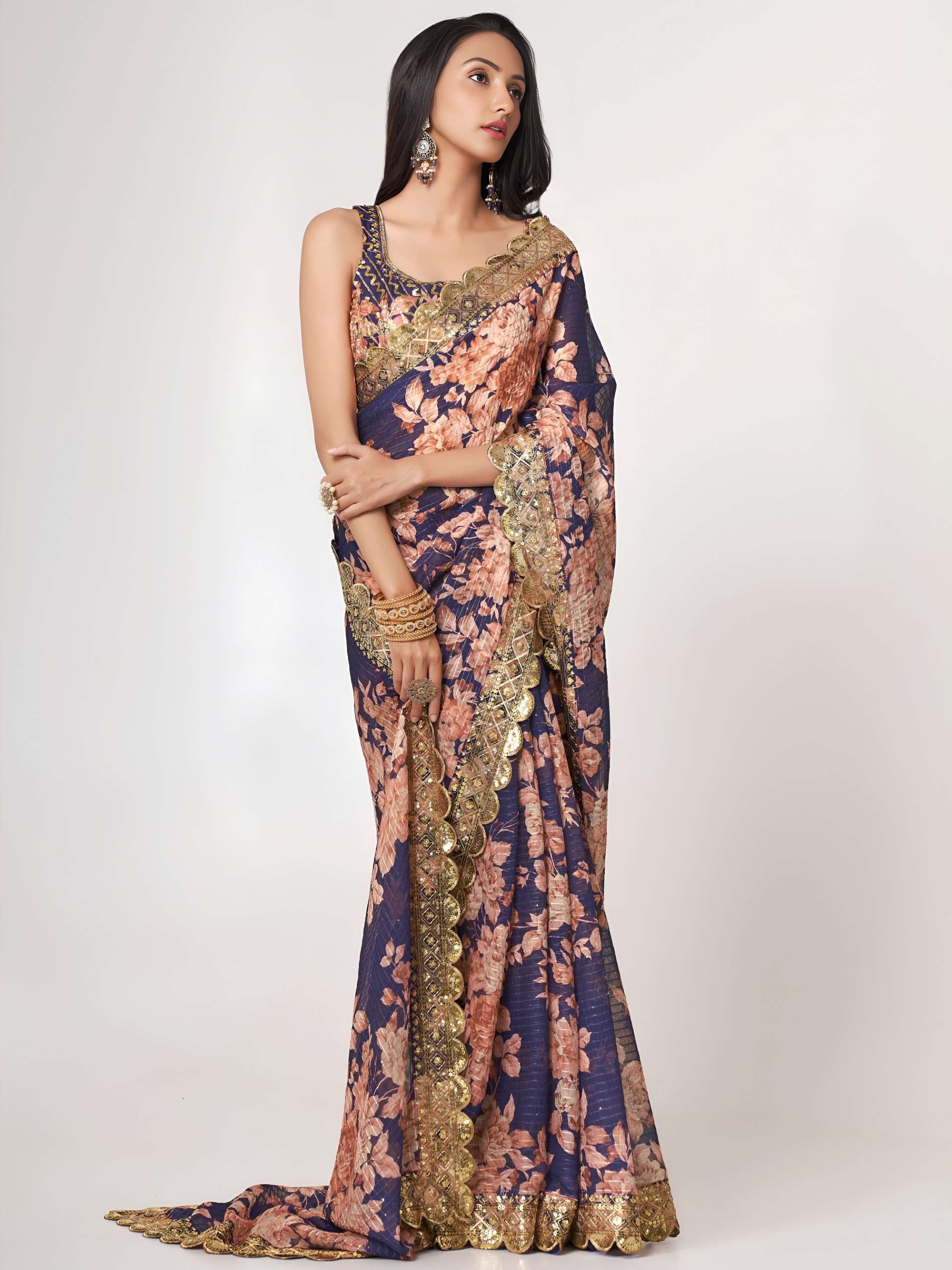 Deep Midnight Mauve colour with beautiful Floral Luxe Organza fabric party wear Saree wholesale in surat 1108 Purple 