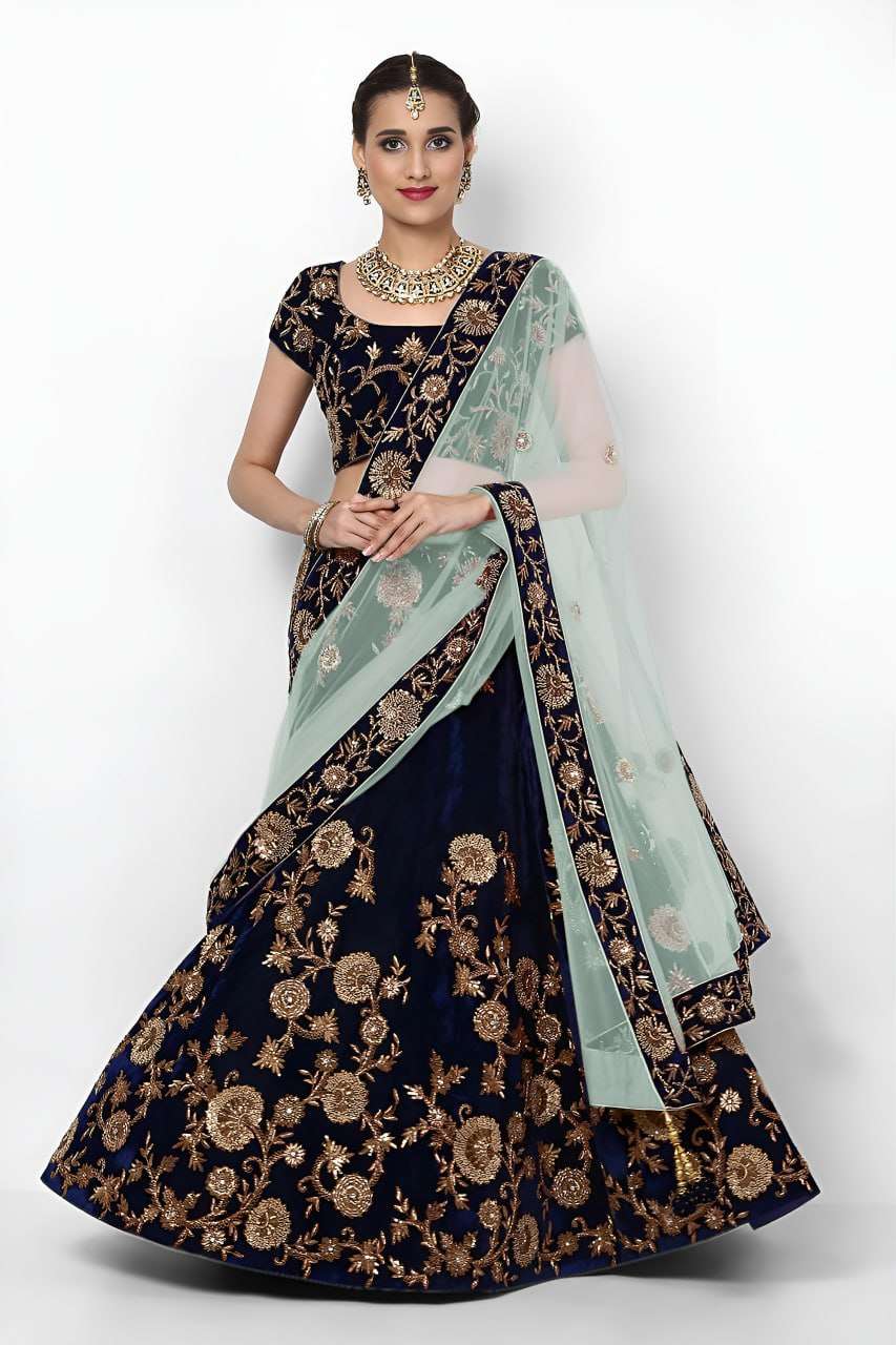 Deep Navy colour with Floral Embroidered Velvet fancy fabric lehenga choli supplier in surat 7012 Blue 
