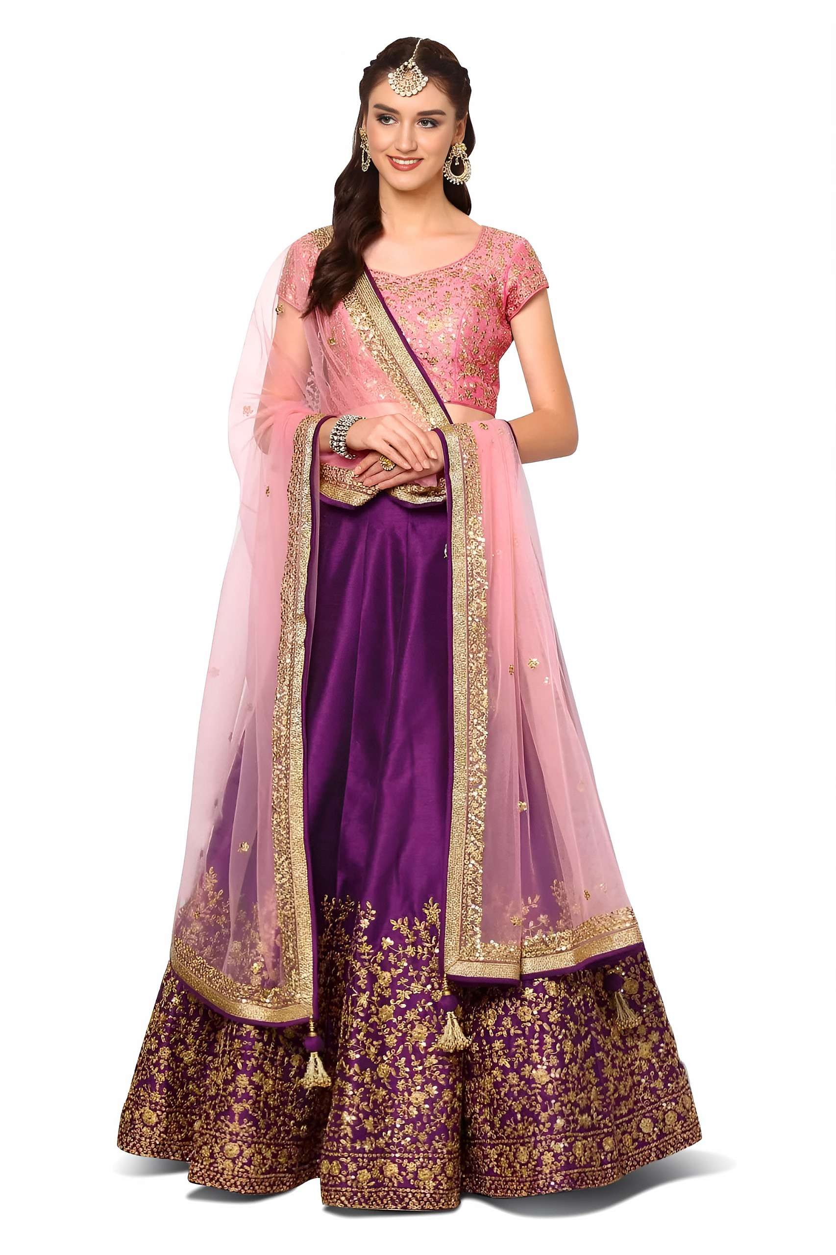   Deep Royal Purple & Pink colour with silk fancy fabric beautiful Embroidered work on Lehenga Choli Wholesale in surat 7046 Purple  