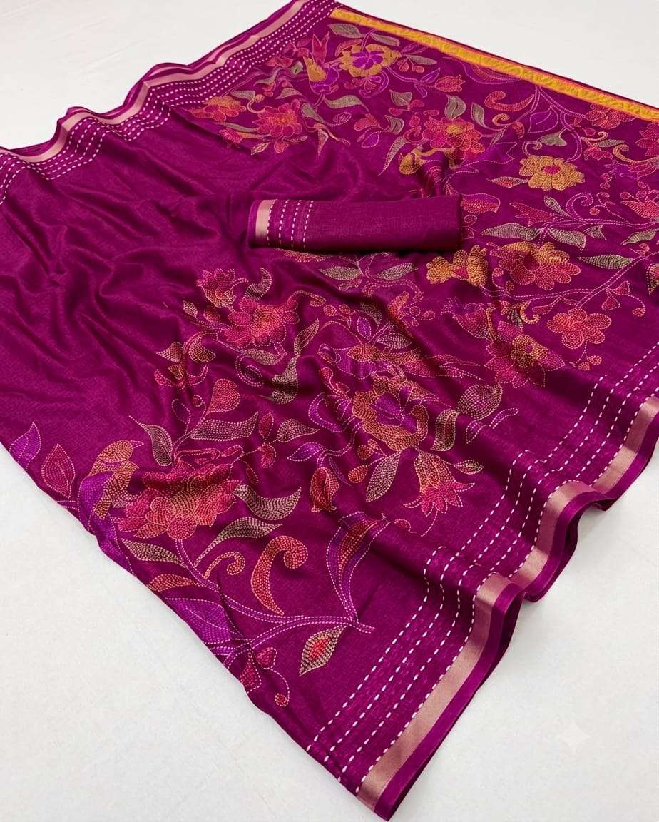 Dola Silk fancy fabric with Katha Work on Saree regular wear wholesale in surat tinder