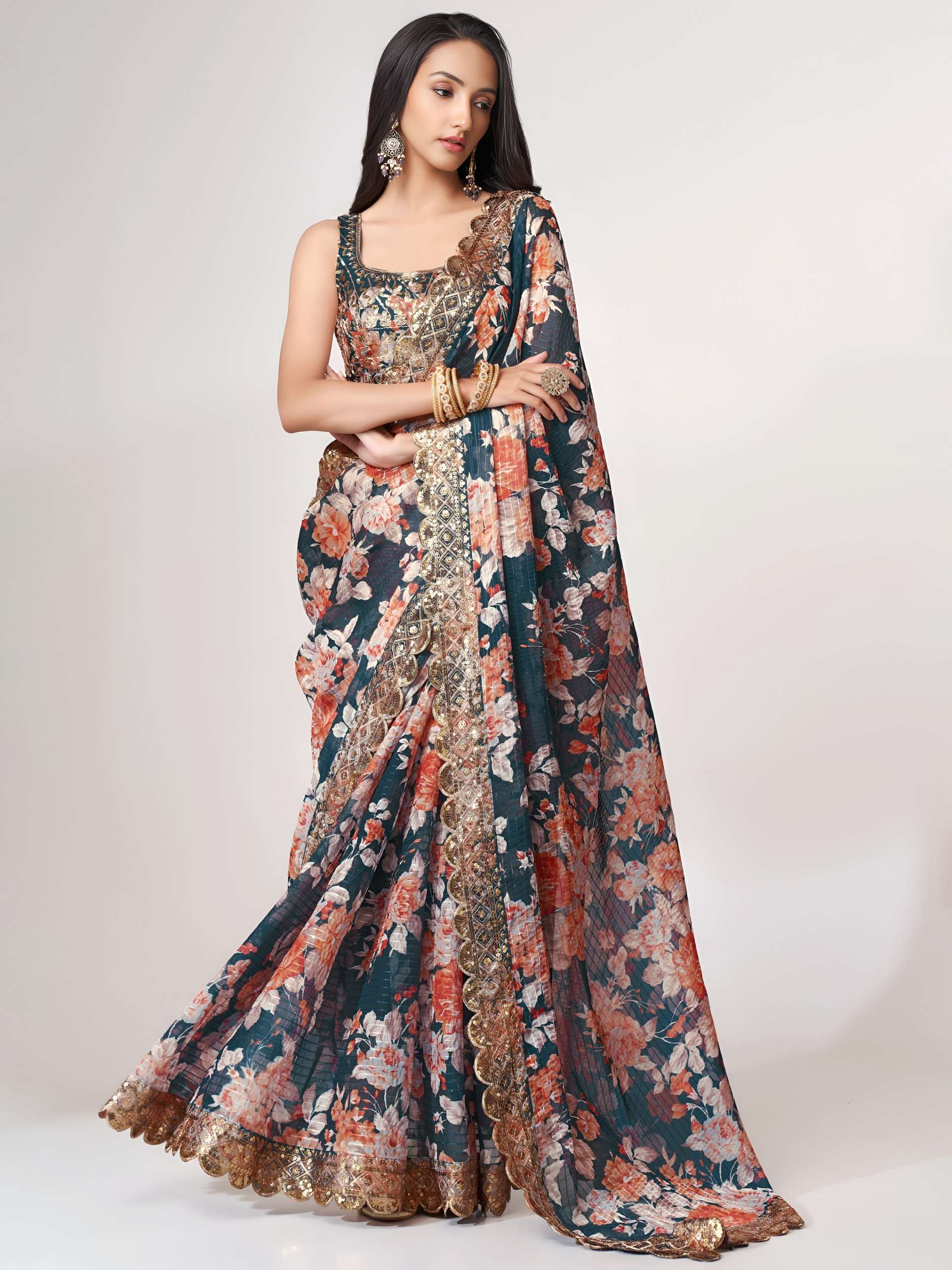 Dove Deep teal Blue colour Floral Organza fabric Designer Saree wholesale in surat 1104 Dove Blue