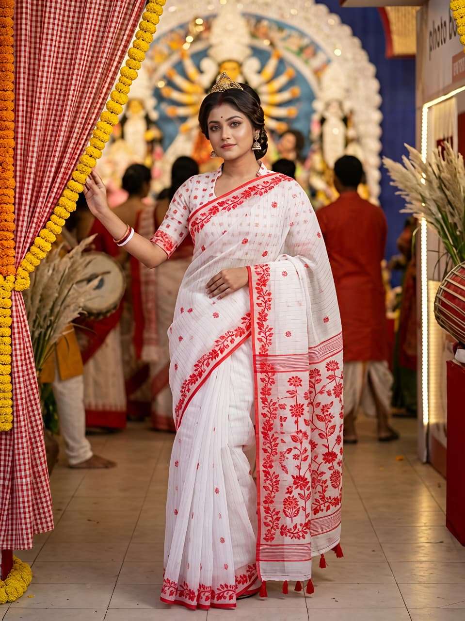 DURGA POOJA EDITION HEAVY BLOOMING COTTON SILK FANCY FABRIC TAMPLE PRINT ON SAREE WHOLESALE IN SURAT   