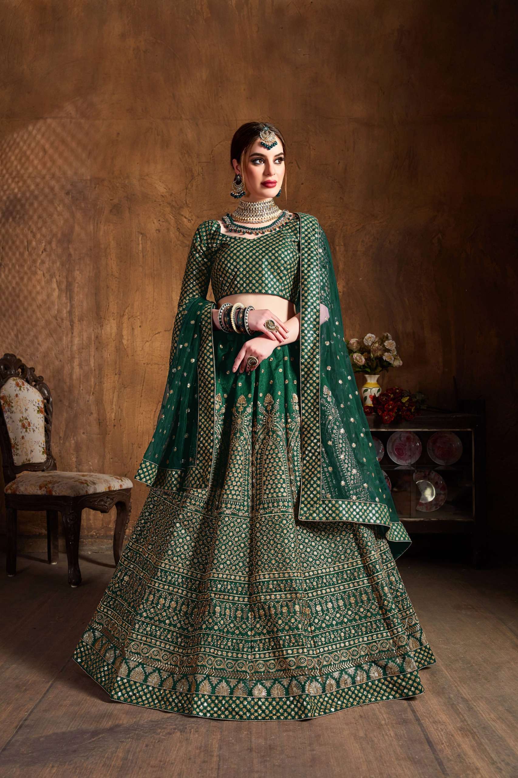 Emerald and Royal Green colour Raw Silk fabric with Embroidery work on Lehenga Choli supplier in surat 7410 Green 